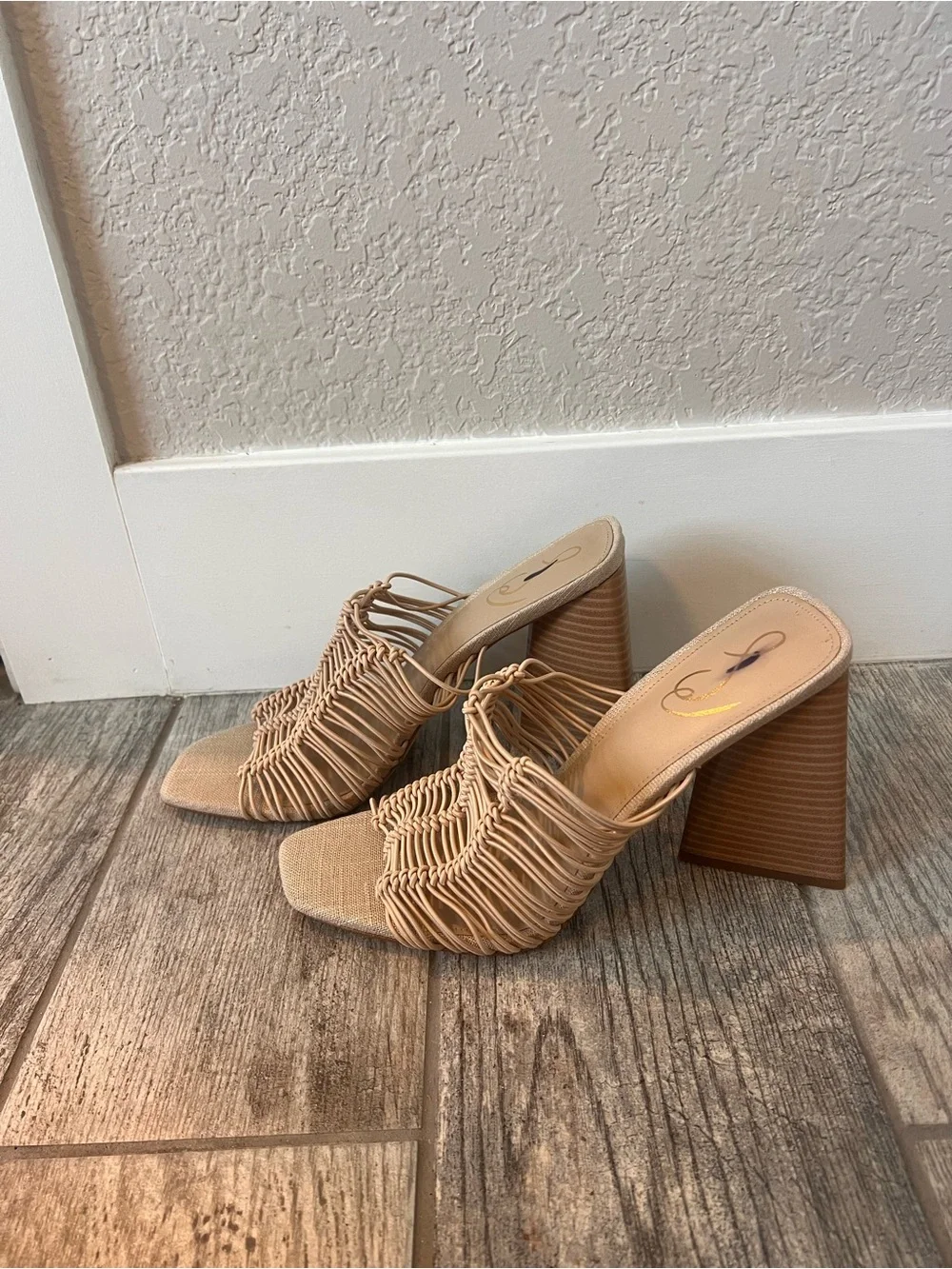 Sam Edelman Nude Woven Strappy Block Heel Mules